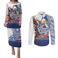 Filipino American History Month Couples Matching Puletasi and Long Sleeve Button Shirt Philippines Agila USA Eagle Mix Flag LT14 Blue - Polynesian Pride