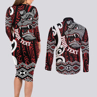 Personalised Aotearoa Bulldog Couples Matching Long Sleeve Bodycon Dress and Long Sleeve Button Shirt New Zealand Maori Taniko Art