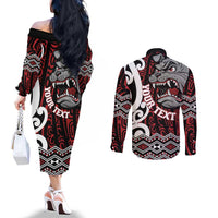 Personalised Aotearoa Bulldog Couples Matching Off The Shoulder Long Sleeve Dress and Long Sleeve Button Shirt New Zealand Maori Taniko Art