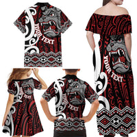 Personalised Aotearoa Bulldog Family Matching Off Shoulder Maxi Dress and Hawaiian Shirt New Zealand Maori Taniko Art