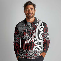 Personalised Aotearoa Bulldog Long Sleeve Polo Shirt New Zealand Maori Taniko Art