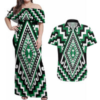 Green Aotearoa Taniko Poutama Patikitiki Couples Matching Off Shoulder Maxi Dress and Hawaiian Shirt LT14 Green - Polynesian Pride