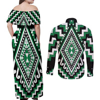 Green Aotearoa Taniko Poutama Patikitiki Couples Matching Off Shoulder Maxi Dress and Long Sleeve Button Shirt LT14 - Polynesian Pride