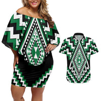 Green Aotearoa Taniko Poutama Patikitiki Couples Matching Off Shoulder Short Dress and Hawaiian Shirt LT14 Green - Polynesian Pride
