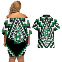 Green Aotearoa Taniko Poutama Patikitiki Couples Matching Off Shoulder Short Dress and Hawaiian Shirt LT14 - Polynesian Pride