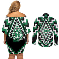 Green Aotearoa Taniko Poutama Patikitiki Couples Matching Off Shoulder Short Dress and Long Sleeve Button Shirt LT14 - Polynesian Pride