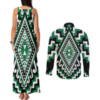 Green Aotearoa Taniko Poutama Patikitiki Couples Matching Tank Maxi Dress and Long Sleeve Button Shirt LT14 - Polynesian Pride