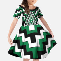 Green Aotearoa Taniko Poutama Patikitiki Family Matching Off The Shoulder Long Sleeve Dress and Hawaiian Shirt