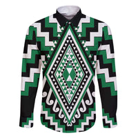 Green Aotearoa Taniko Poutama Patikitiki Family Matching Off The Shoulder Long Sleeve Dress and Hawaiian Shirt