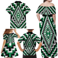 Green Aotearoa Taniko Poutama Patikitiki Family Matching Off Shoulder Maxi Dress and Hawaiian Shirt