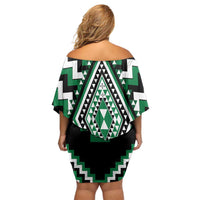 Green Aotearoa Taniko Poutama Patikitiki Family Matching Off Shoulder Short Dress and Hawaiian Shirt