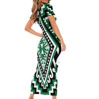 Green Aotearoa Taniko Poutama Patikitiki Family Matching Short Sleeve Bodycon Dress and Hawaiian Shirt LT14 - Polynesian Pride