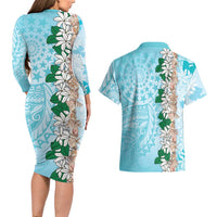 Cook Islands Tiare Maori With Conch Shell Couples Matching Long Sleeve Bodycon Dress and Hawaiian Shirt Pasifika Fest Polynesian Tattoo Turquoise