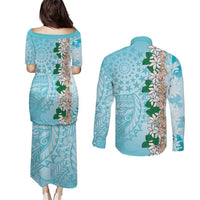 Cook Islands Tiare Maori With Conch Shell Couples Matching Puletasi and Long Sleeve Button Shirt Pasifika Fest Polynesian Tattoo Turquoise LT14 - Polynesian Pride
