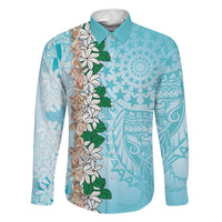 Cook Islands Tiare Maori With Conch Shell Family Matching Off The Shoulder Long Sleeve Dress and Hawaiian Shirt Pasifika Fest Polynesian Tattoo Turquoise LT14 Dad's Shirt - Long Sleeve Turquoise - Polynesian Pride