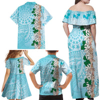 Cook Islands Tiare Maori With Conch Shell Family Matching Off Shoulder Maxi Dress and Hawaiian Shirt Pasifika Fest Polynesian Tattoo Turquoise