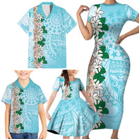 Cook Islands Tiare Maori With Conch Shell Family Matching Short Sleeve Bodycon Dress and Hawaiian Shirt Pasifika Fest Polynesian Tattoo Turquoise LT14 - Polynesian Pride