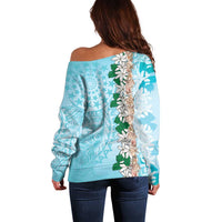 Cook Islands Tiare Maori With Conch Shell Off Shoulder Sweater Pasifika Fest Polynesian Tattoo Turquoise