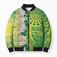 Cook Islands Tiare Maori With Conch Shell Bomber Puffer Jacket Pasifika Fest Polynesian Tattoo Green