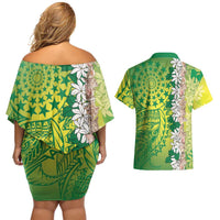 Cook Islands Tiare Maori With Conch Shell Couples Matching Off Shoulder Short Dress and Hawaiian Shirt Pasifika Fest Polynesian Tattoo Green LT14 - Polynesian Pride