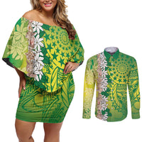 Cook Islands Tiare Maori With Conch Shell Couples Matching Off Shoulder Short Dress and Long Sleeve Button Shirt Pasifika Fest Polynesian Tattoo Green LT14 Green - Polynesian Pride