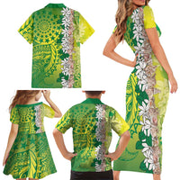 Cook Islands Tiare Maori With Conch Shell Family Matching Short Sleeve Bodycon Dress and Hawaiian Shirt Pasifika Fest Polynesian Tattoo Green LT14 - Polynesian Pride