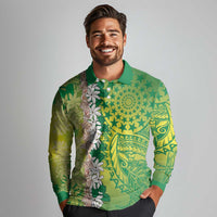 Cook Islands Tiare Maori With Conch Shell Long Sleeve Polo Shirt Pasifika Fest Polynesian Tattoo Green LT14 - Polynesian Pride
