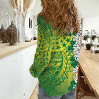 Cook Islands Tiare Maori With Conch Shell Women Casual Shirt Pasifika Fest Polynesian Tattoo Green LT14 - Polynesian Pride