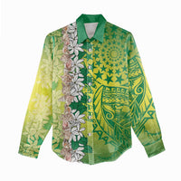 Cook Islands Tiare Maori With Conch Shell Women Casual Shirt Pasifika Fest Polynesian Tattoo Green LT14 - Polynesian Pride
