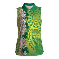 Cook Islands Tiare Maori With Conch Shell Women Sleeveless Polo Shirt Pasifika Fest Polynesian Tattoo Green LT14 Female Green - Polynesian Pride
