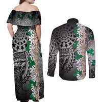Cook Islands Tiare Maori With Conch Shell Couples Matching Off Shoulder Maxi Dress and Long Sleeve Button Shirt Pasifika Fest Polynesian Tattoo Black LT14 - Polynesian Pride