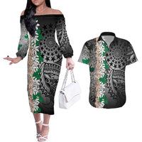 Cook Islands Tiare Maori With Conch Shell Couples Matching Off The Shoulder Long Sleeve Dress and Hawaiian Shirt Pasifika Fest Polynesian Tattoo Black