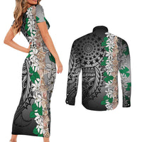 Cook Islands Tiare Maori With Conch Shell Couples Matching Short Sleeve Bodycon Dress and Long Sleeve Button Shirt Pasifika Fest Polynesian Tattoo Black LT14 - Polynesian Pride
