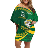 Personalised Tonga Liahona-Saineha High School Off Shoulder Short Dress Happy 76 Years Anniversary LT14 Women Green - Polynesian Pride