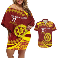Personalised Tonga High School Couples Matching Off Shoulder Short Dress and Hawaiian Shirt Happy 77 Years Anniversary LT14 Maroon - Polynesian Pride