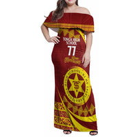 Personalised Tonga High School Family Matching Off Shoulder Maxi Dress and Hawaiian Shirt Happy 77 Years Anniversary LT14 Mom's Dress Maroon - Polynesian Pride