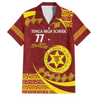 Personalised Tonga High School Family Matching Off Shoulder Short Dress and Hawaiian Shirt Happy 77 Years Anniversary LT14 Dad's Shirt - Short Sleeve Maroon - Polynesian Pride