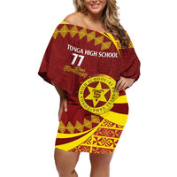 Personalised Tonga High School Family Matching Off Shoulder Short Dress and Hawaiian Shirt Happy 77 Years Anniversary LT14 Mom's Dress Maroon - Polynesian Pride