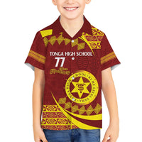 Personalised Tonga High School Family Matching Off Shoulder Short Dress and Hawaiian Shirt Happy 77 Years Anniversary LT14 Son's Shirt Maroon - Polynesian Pride