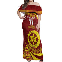 Personalised Tonga High School Off Shoulder Maxi Dress Happy 77 Years Anniversary LT14 Women Maroon - Polynesian Pride