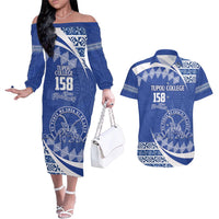 Personalised Tonga Tupou College Toloa Couples Matching Off The Shoulder Long Sleeve Dress and Hawaiian Shirt Happy 158 Years Anniversary