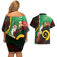Long God Yumi Stanap Vanuatu Couples Matching Off Shoulder Short Dress and Hawaiian Shirt Tropical Flowers Aboriginal Pattern