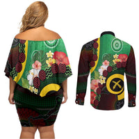 Long God Yumi Stanap Vanuatu Couples Matching Off Shoulder Short Dress and Long Sleeve Button Shirt Tropical Flowers Aboriginal Pattern