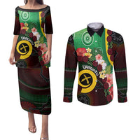 Long God Yumi Stanap Vanuatu Couples Matching Puletasi and Long Sleeve Button Shirt Tropical Flowers Aboriginal Pattern