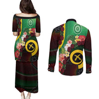 Long God Yumi Stanap Vanuatu Couples Matching Puletasi and Long Sleeve Button Shirt Tropical Flowers Aboriginal Pattern