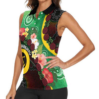 Long God Yumi Stanap Vanuatu Women Sleeveless Polo Shirt Tropical Flowers Aboriginal Pattern