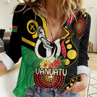 Tamtam Drum Vanuatu Women Casual Shirt Boar Tusk Aboriginal Flag Style LT14 Female Black - Polynesian Pride