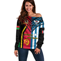 Vanuatu And West Papua Off Shoulder Sweater Coat Of Arms Mix Flag Style LT14 Women Black - Polynesian Pride