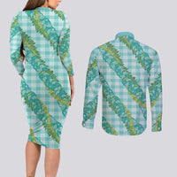 Hawaii Jade Vine Lei Couples Matching Long Sleeve Bodycon Dress and Long Sleeve Button Shirt Aloha Palaka Motif - Turquoise - Polynesian Pride