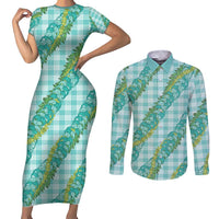 Hawaii Jade Vine Lei Couples Matching Short Sleeve Bodycon Dress and Long Sleeve Button Shirt Aloha Palaka Motif - Turquoise - Polynesian Pride